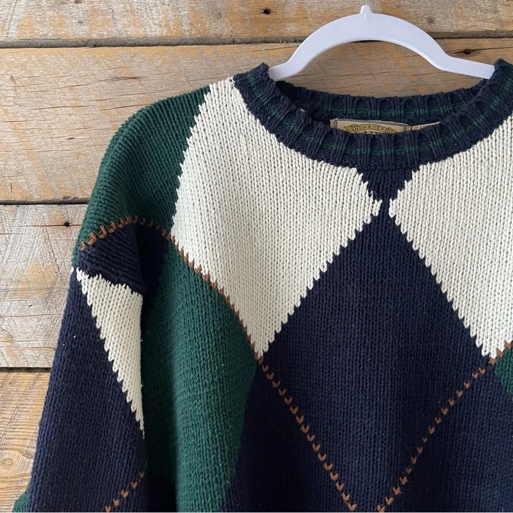 Vintage New River Co 90s Sweater Mens XL X-Large Blue Green Argyle Knit Chunky